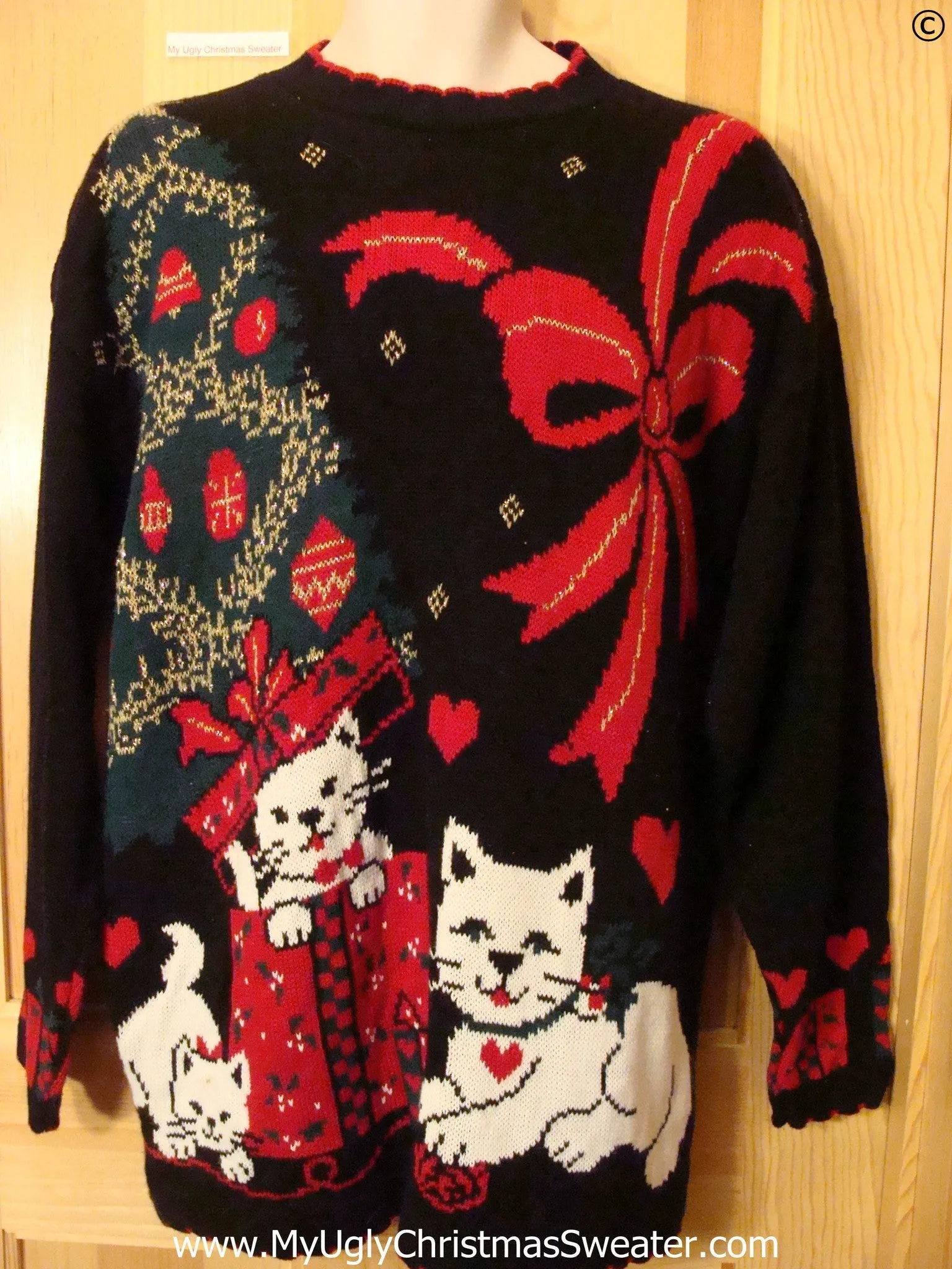 80s Cat and Bow Themed Tacky Christmas Sweater