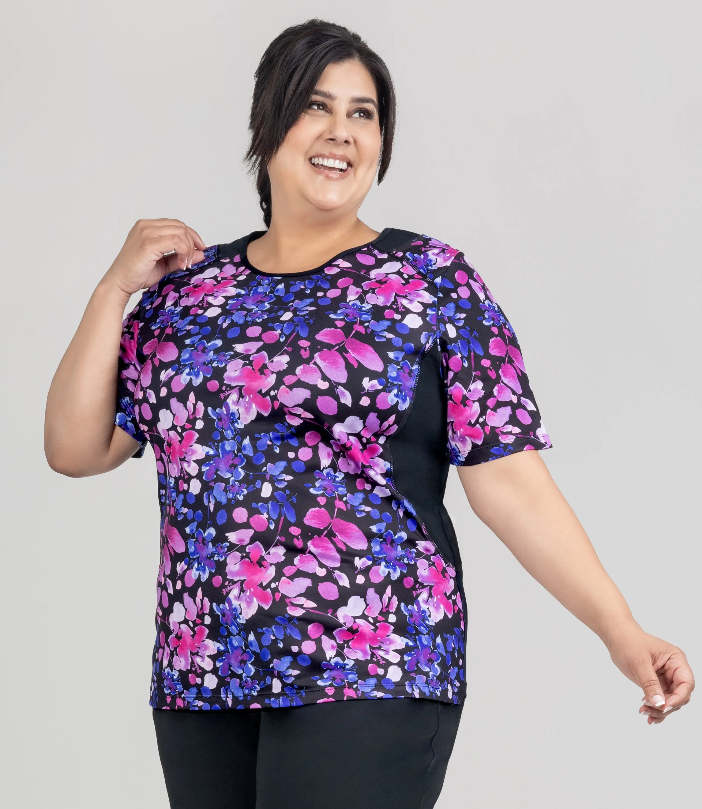 AquaSport Color Block Swim Tee Floral Elegance Print Black XL - FINAL SALE