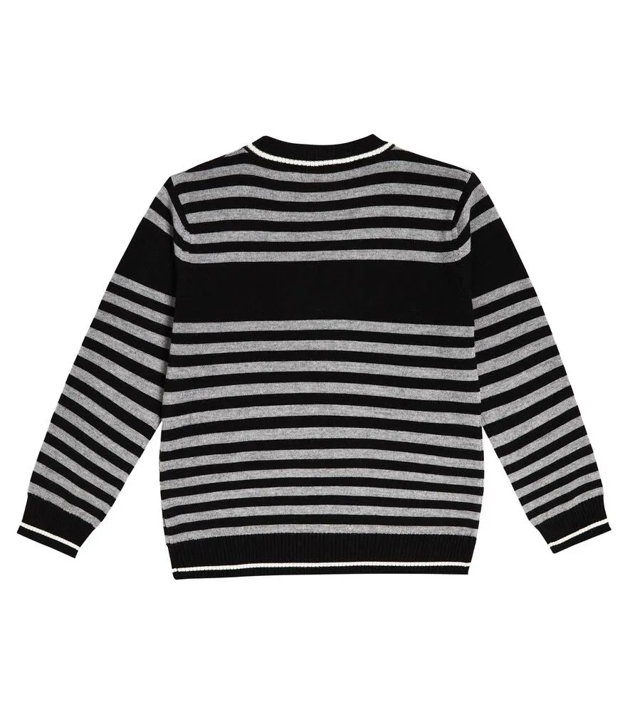 Balmain Striped Wool Sweater with Logo, Gray