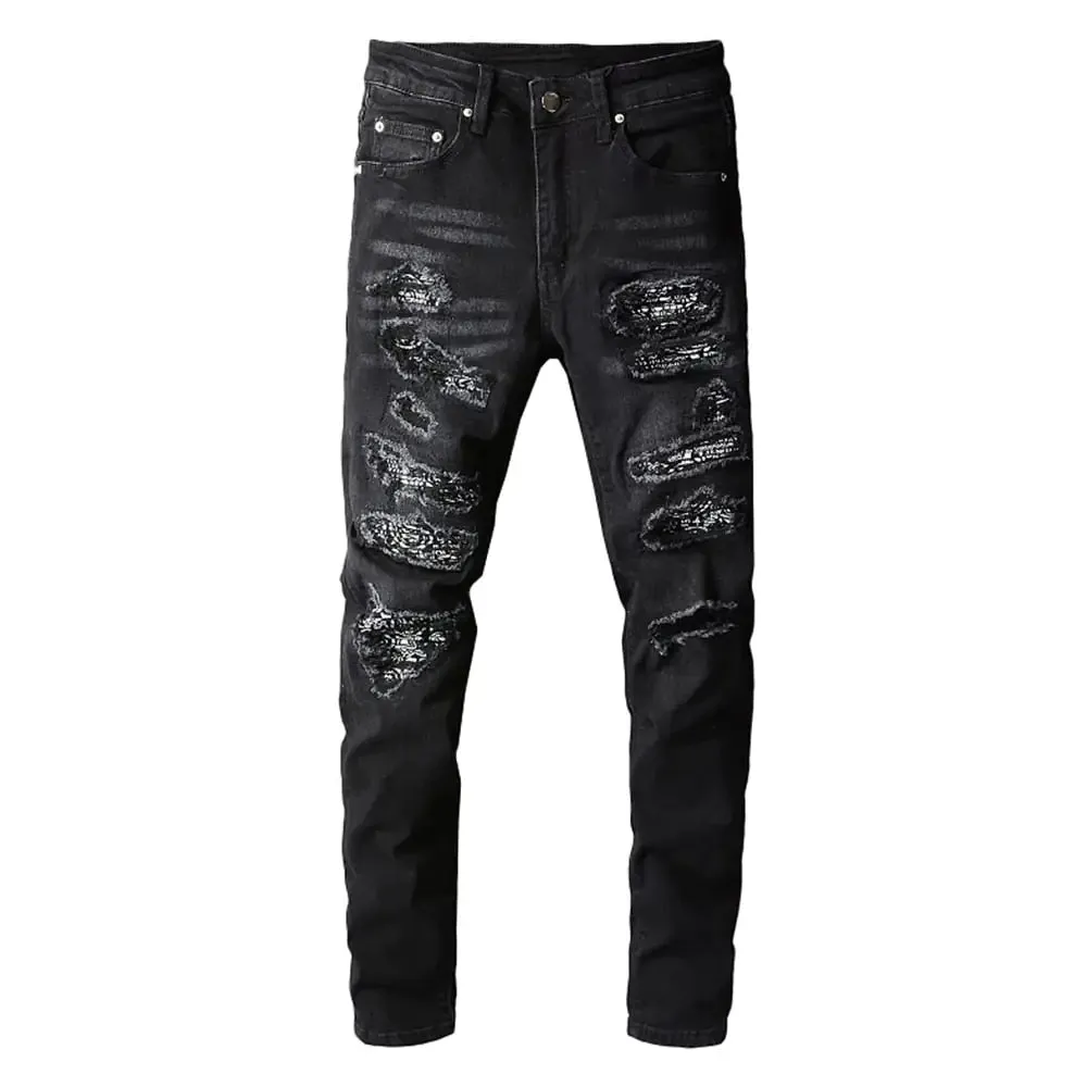 Black Bandanna Ripped Jeans^