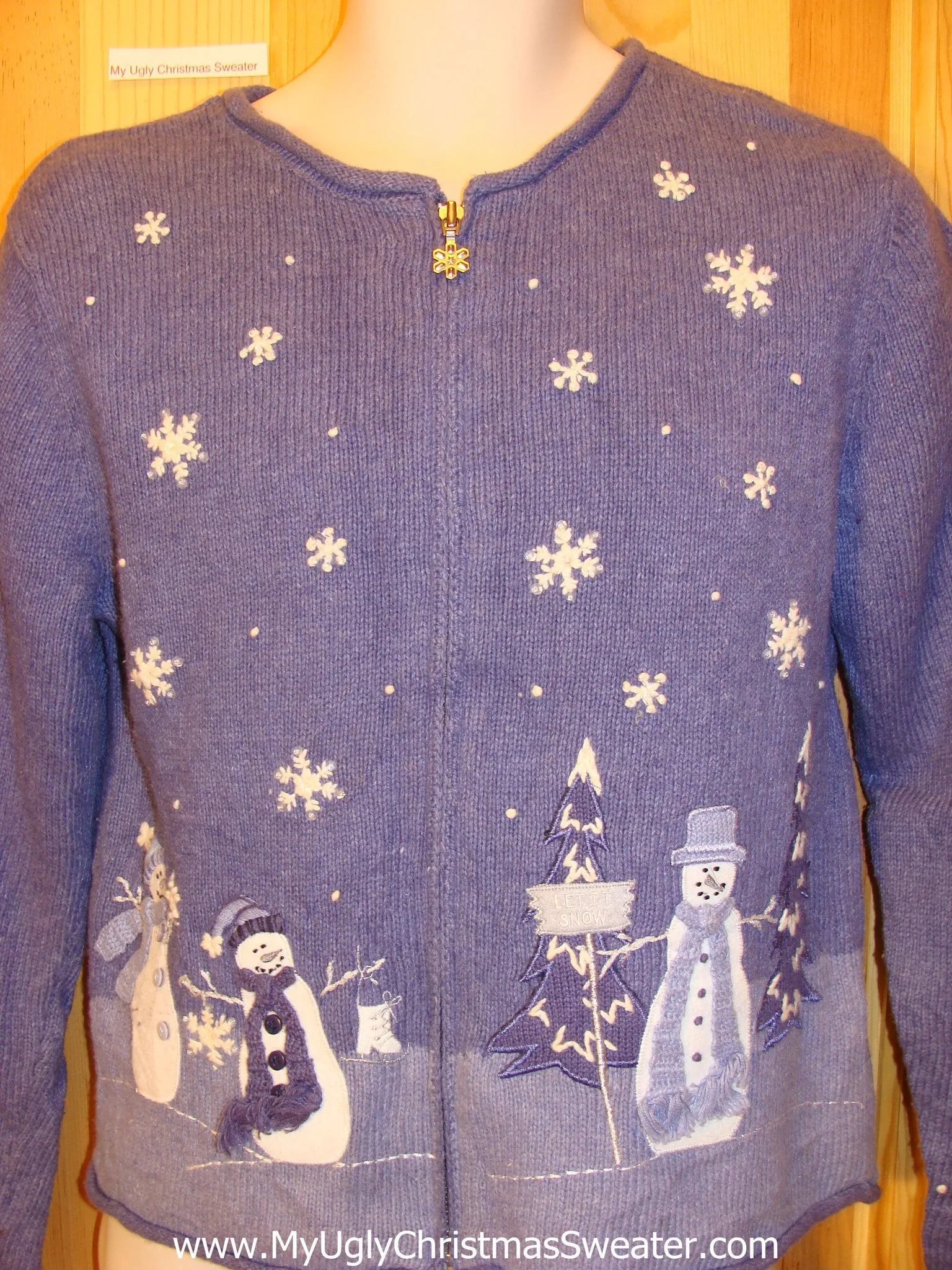 Blue and White Snowman Funny Ugly Sweater with Zip