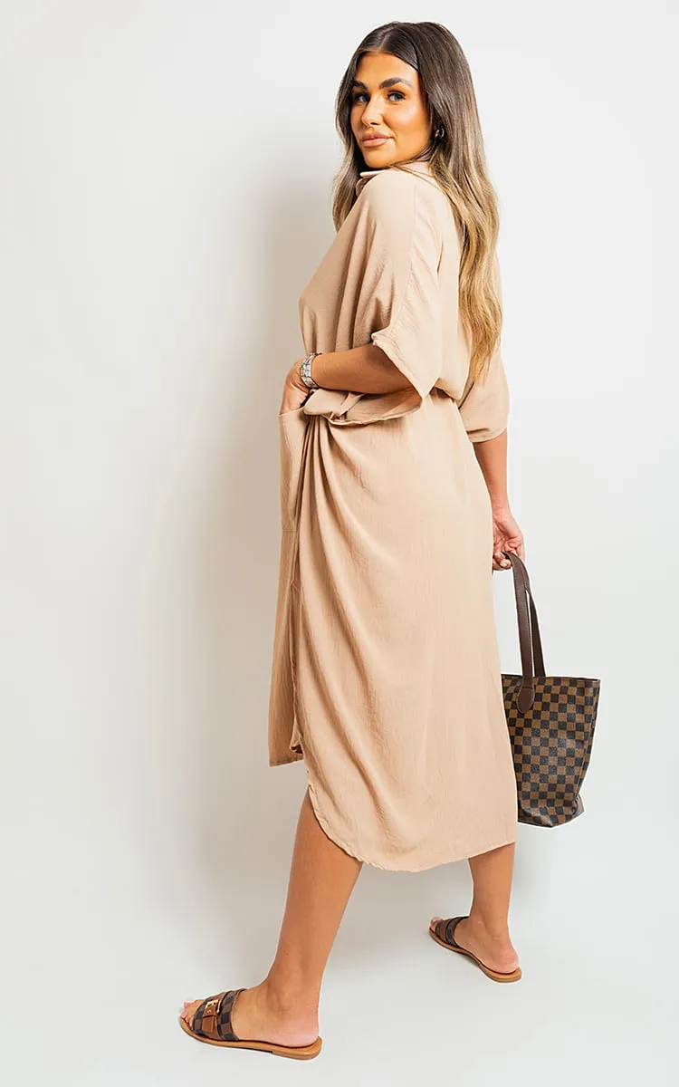 Button Down Collared Midi Dress with Front Pockets