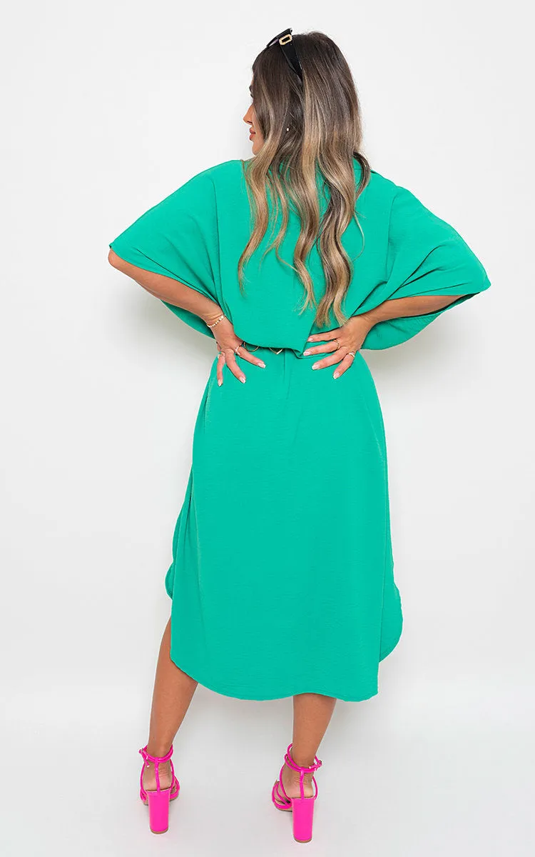 Button Down Collared Midi Dress with Front Pockets