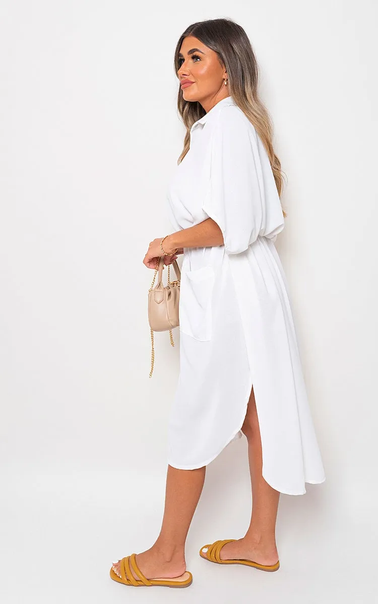 Button Down Collared Midi Dress with Front Pockets