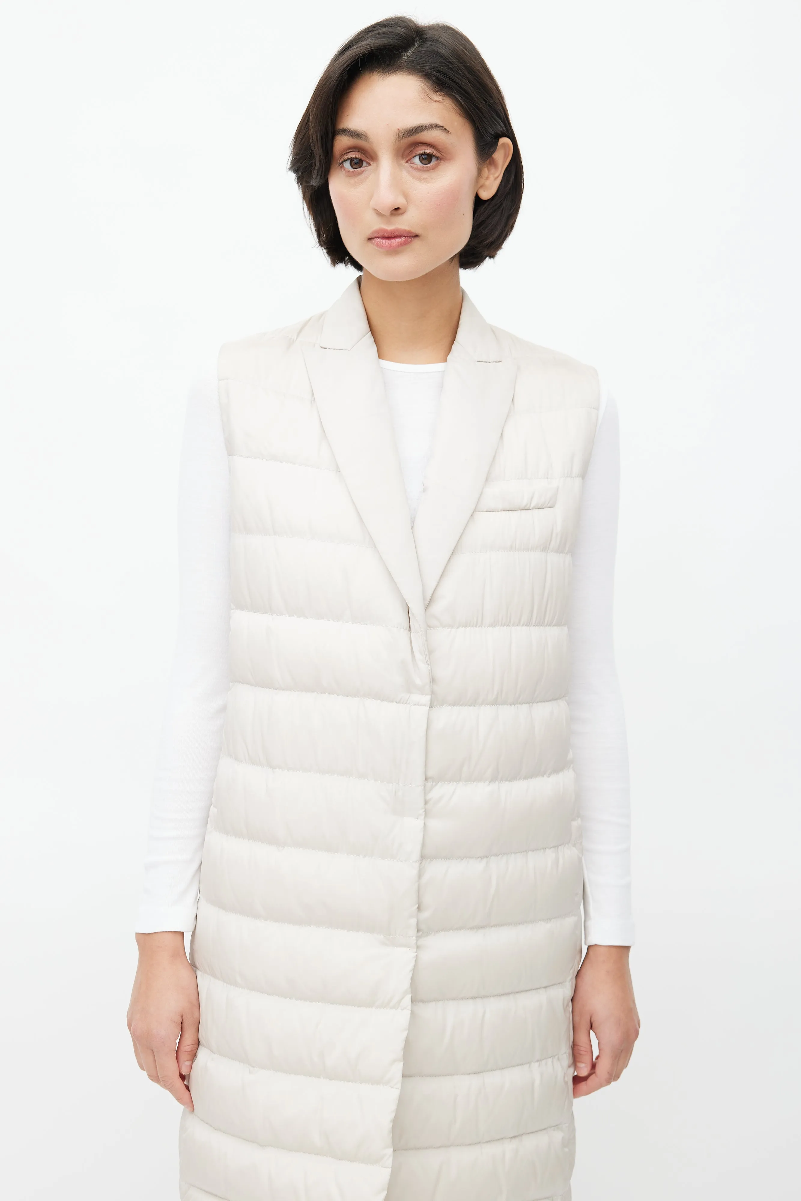 Cream Silk Puffer Long Vest