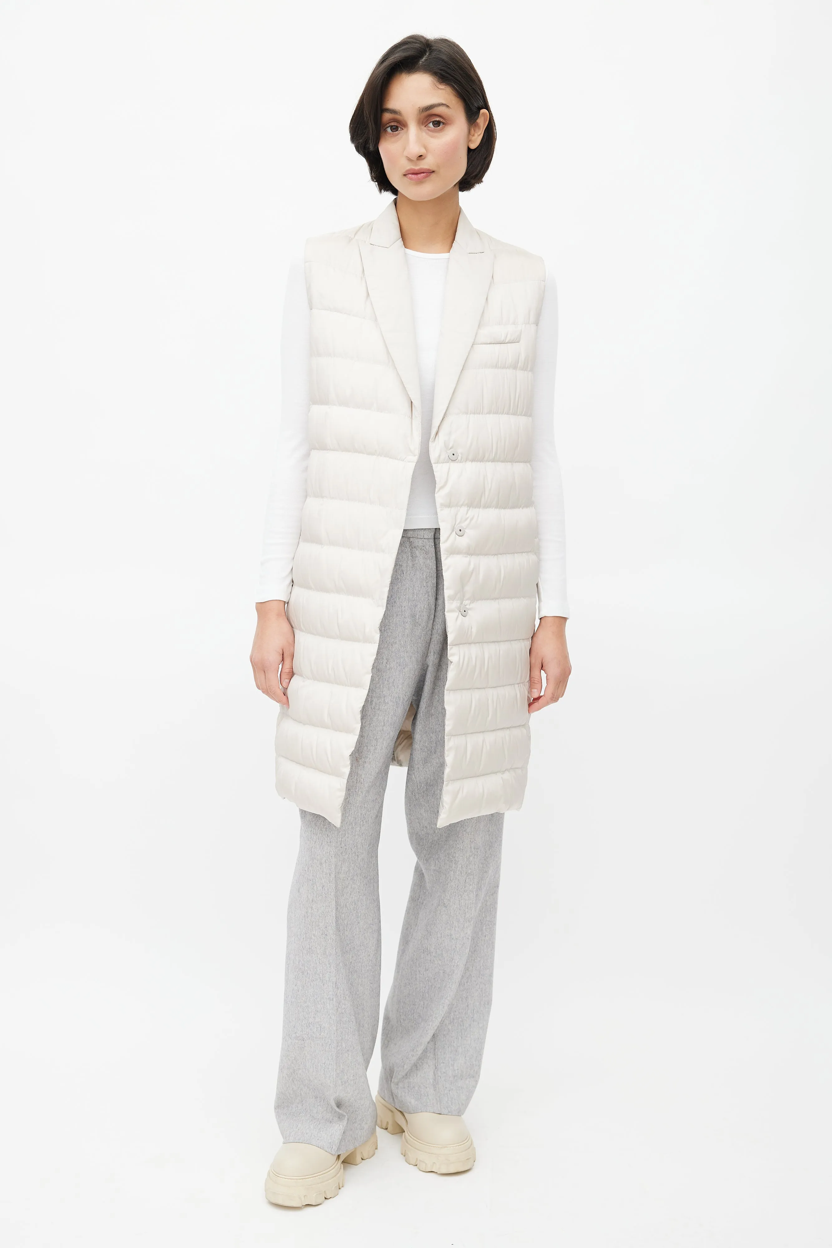 Cream Silk Puffer Long Vest