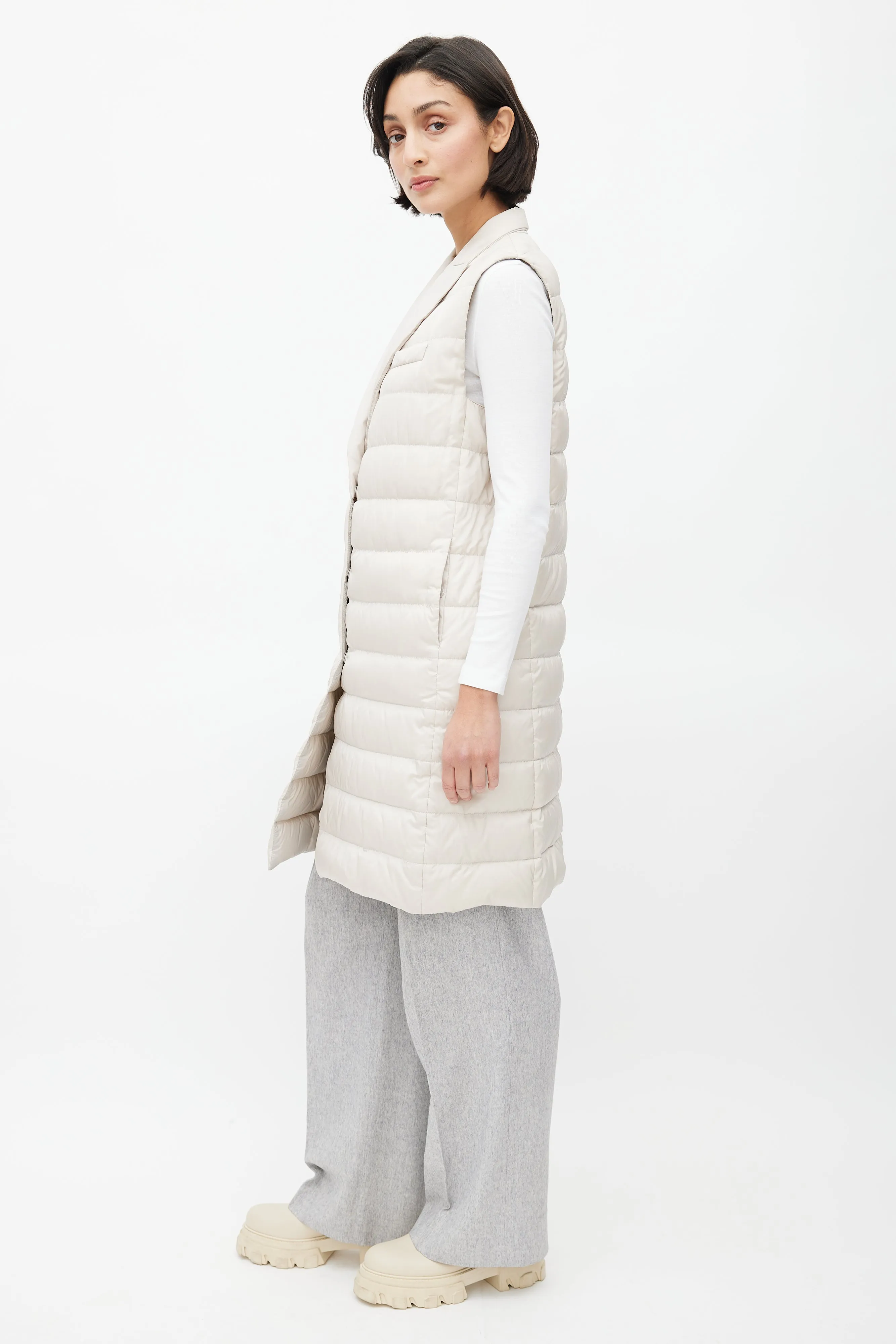 Cream Silk Puffer Long Vest