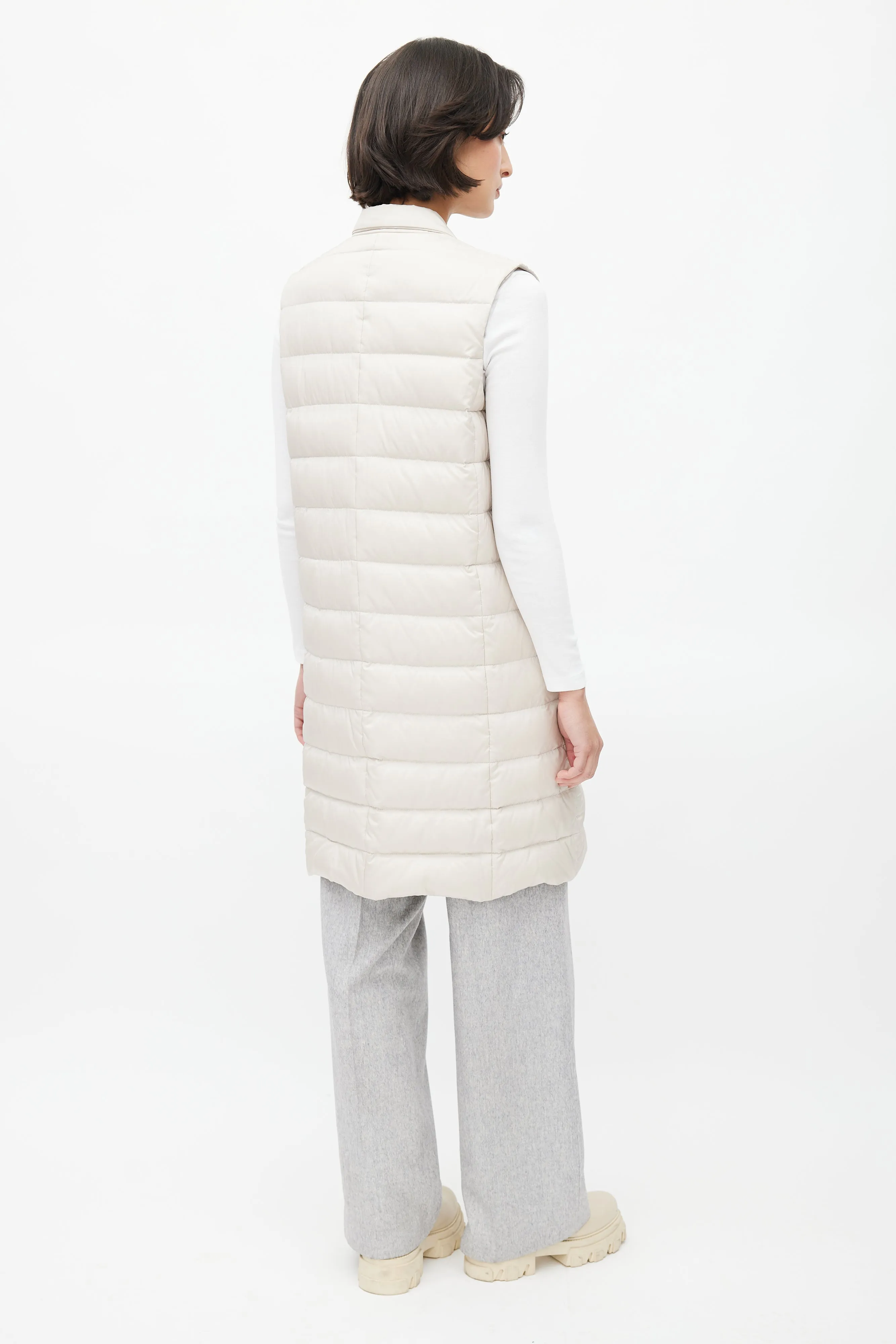 Cream Silk Puffer Long Vest