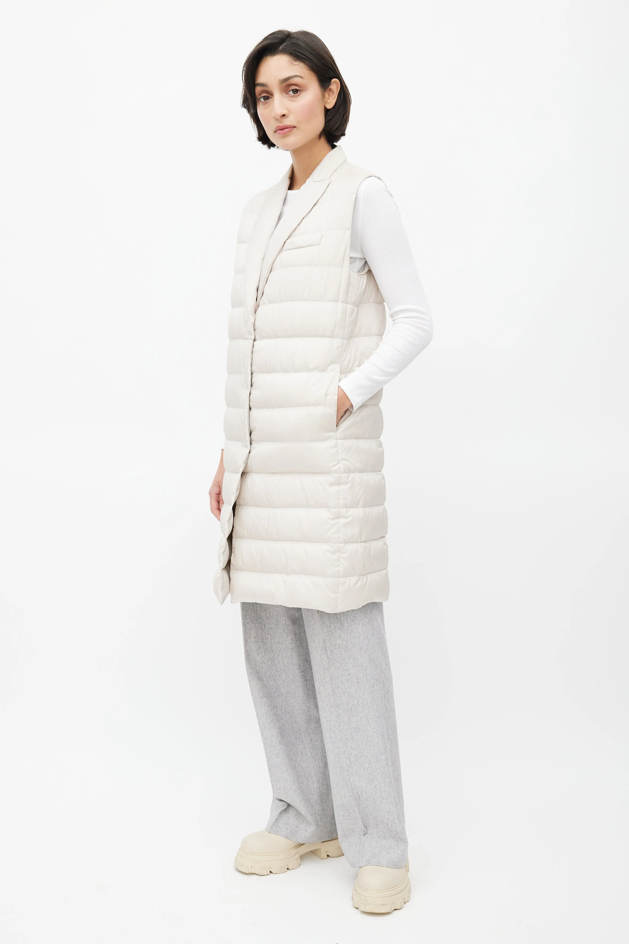 Cream Silk Puffer Long Vest