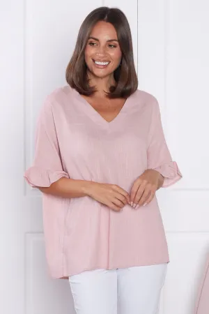 Farrah Linen V Neck Top - Blush