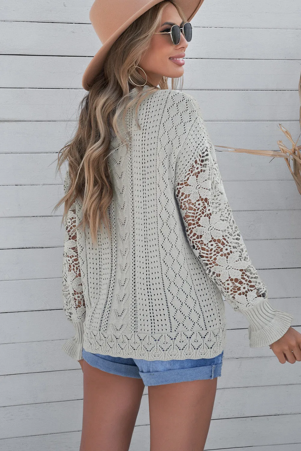 Fashion Sweater Women's Casual Openwork Lantern Sleeve Dropped Shoulder Sweater