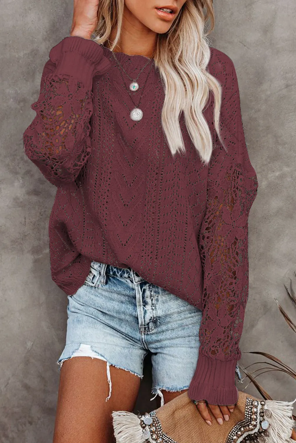 Fashion Sweater Women's Casual Openwork Lantern Sleeve Dropped Shoulder Sweater