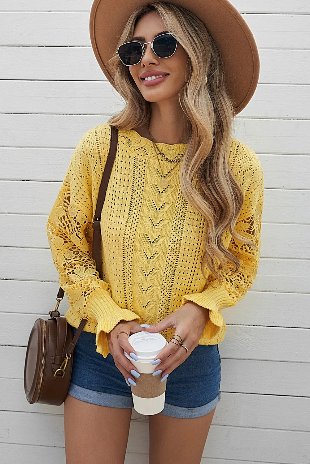 Fashion Sweater Women's Casual Openwork Lantern Sleeve Dropped Shoulder Sweater