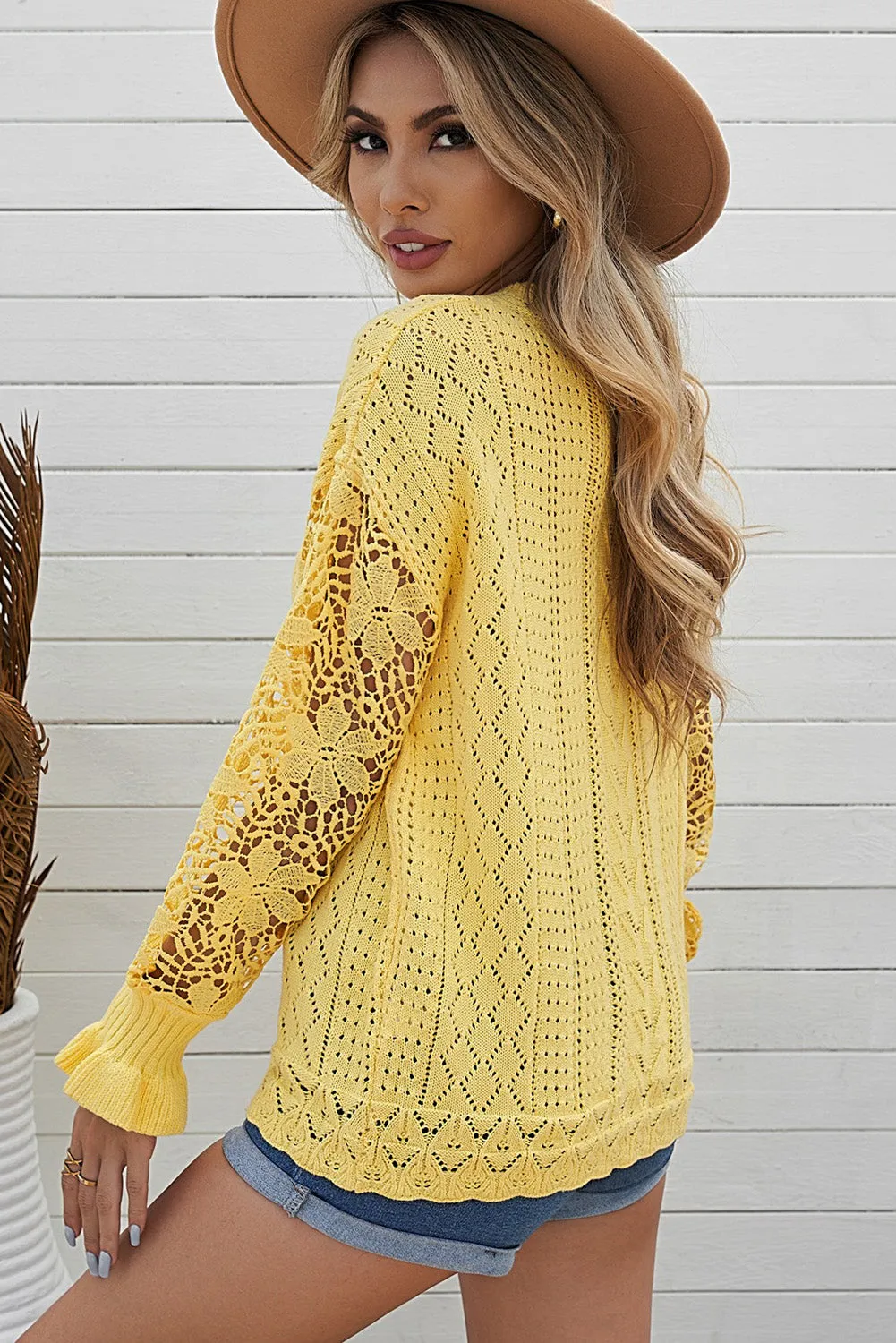 Fashion Sweater Women's Casual Openwork Lantern Sleeve Dropped Shoulder Sweater