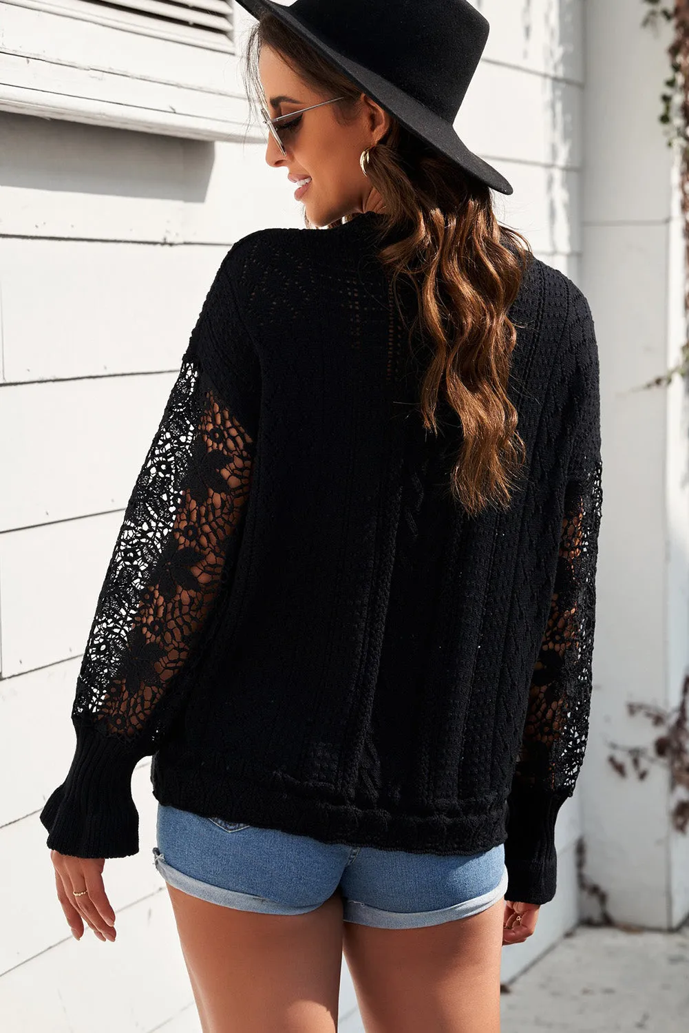 Fashion Sweater Women's Casual Openwork Lantern Sleeve Dropped Shoulder Sweater