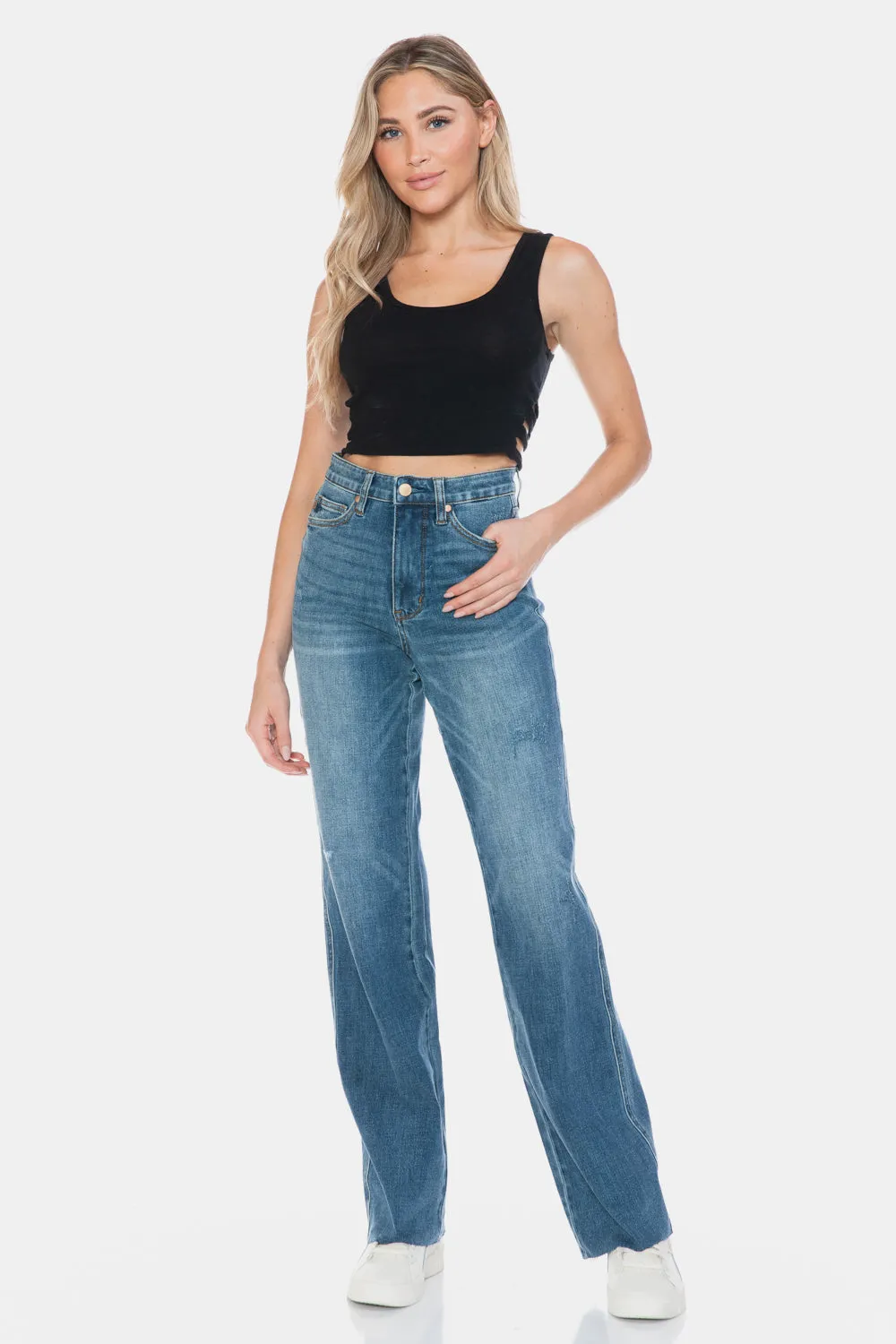 Full Size Tummy Control Cut Raw Hem Straight Jeans