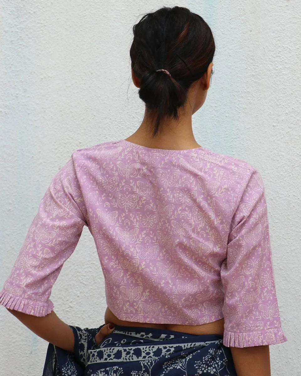 Lavender Jean Handblock Printed Cotton Crop Top Blouse