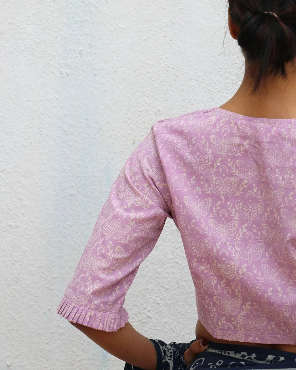 Lavender Jean Handblock Printed Cotton Crop Top Blouse