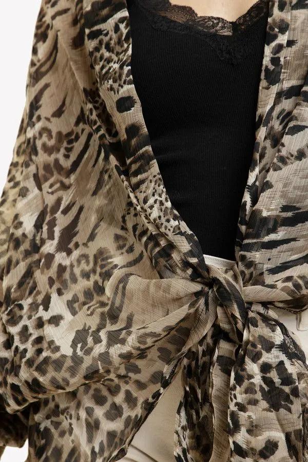 Leopard Tie Front Sheer Kimono