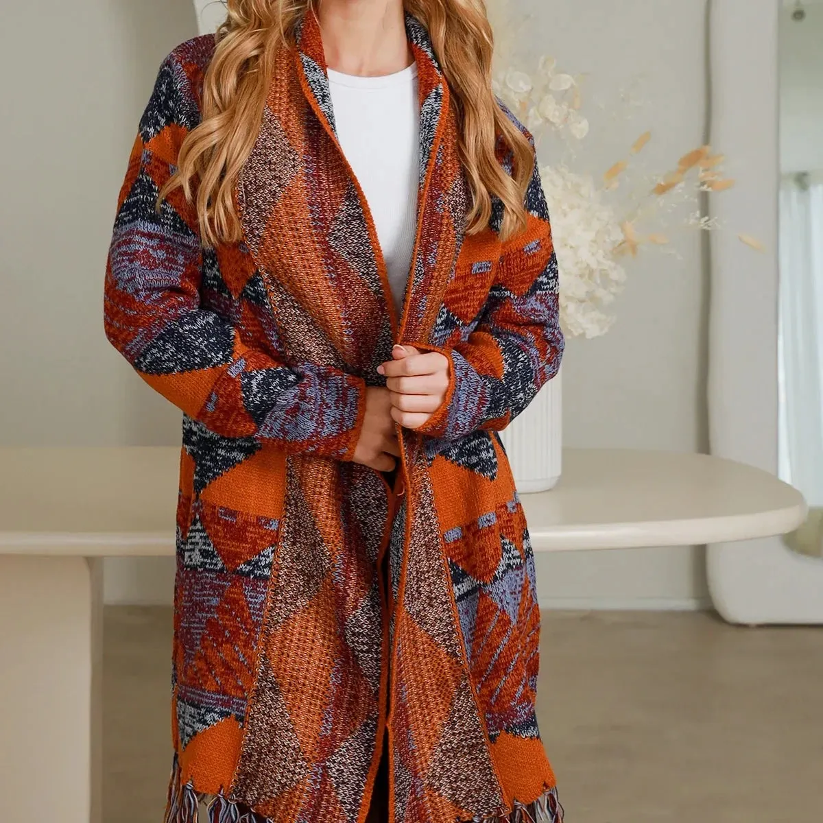 Long Tassel Edge Cardigan Colour Pallette - Burnt Orange and Blue