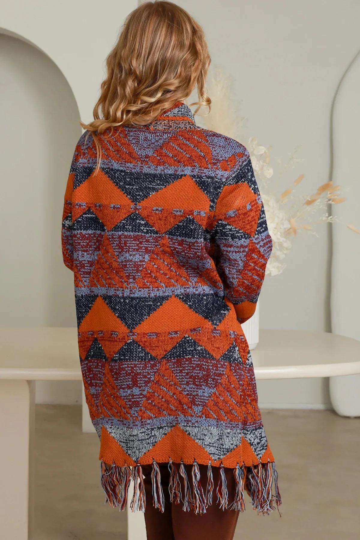 Long Tassel Edge Cardigan Colour Pallette - Burnt Orange and Blue