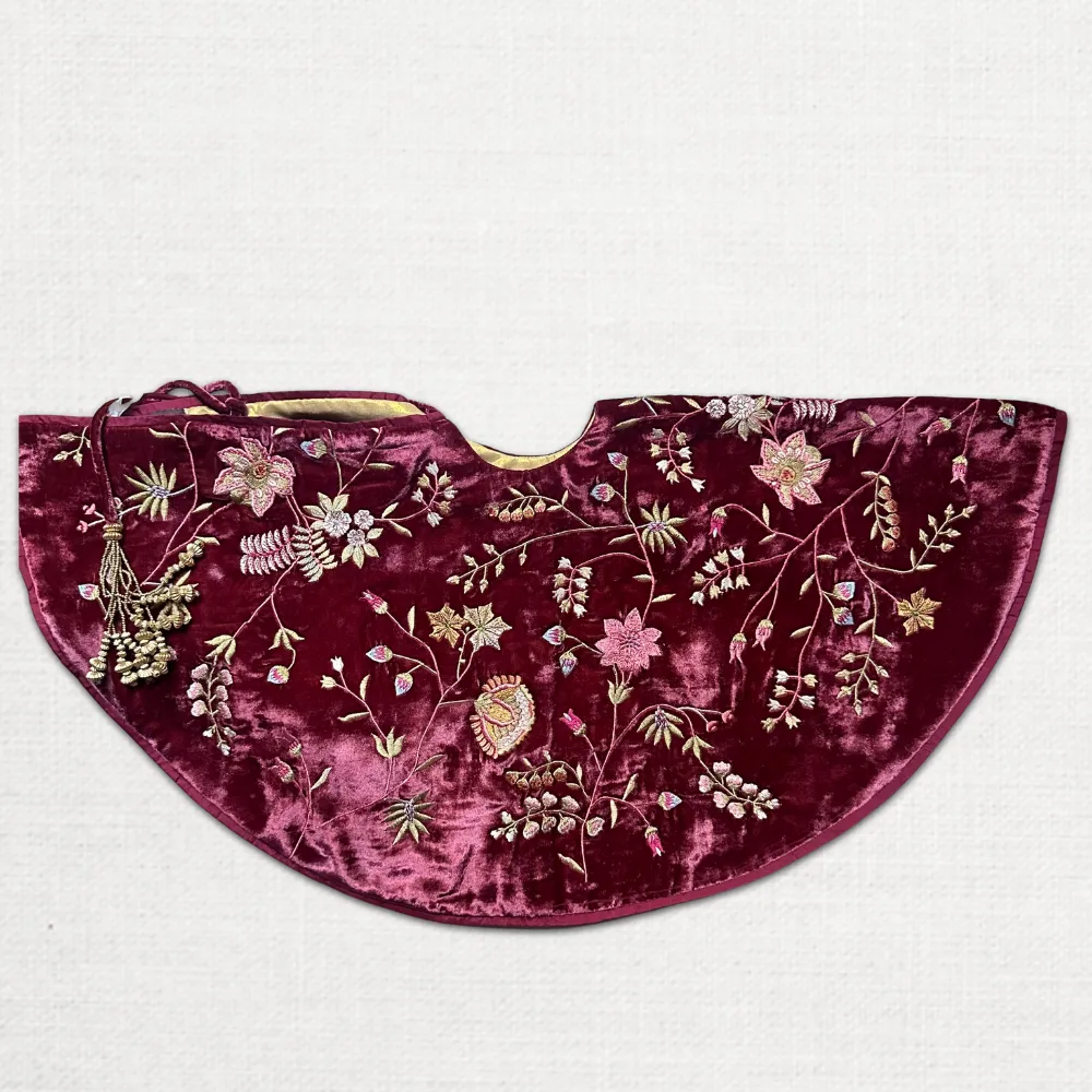 Madame Bovary Embroidered Silk Velvet Holiday 30" Tree Skirt in Wine