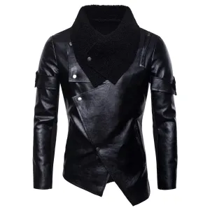 Men's Biker Black Asymmetric Irregular Fit Korean Fashion Genuine Sheepskin Rider Leather Jacket