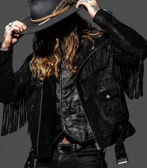 Men's Black Suede Fringe Style Jacket - Western Style Genuine Cow Leather, Tassel Accents, Cowboy Jacket