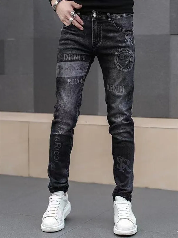 Men's Stretch Denim Print Jeans Slimming Casual Jeans All-match men's Pants - MJN0068