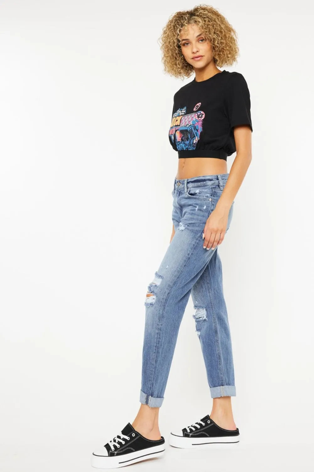 Mid Rise Distressed Straight Jeans