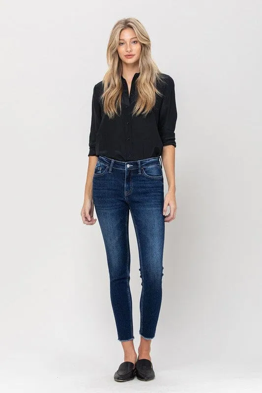 Mid Rise Raw Hem Crop Skinny