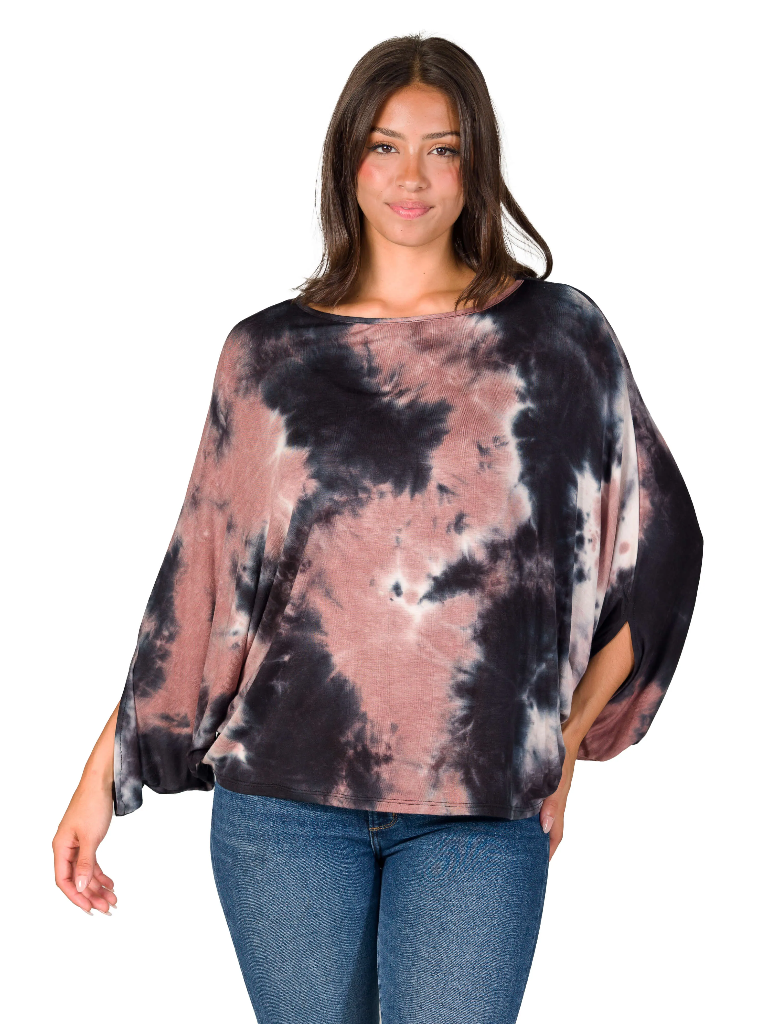 Mocha Tie Dye Batwing Sleeve Relaxed Fit Top