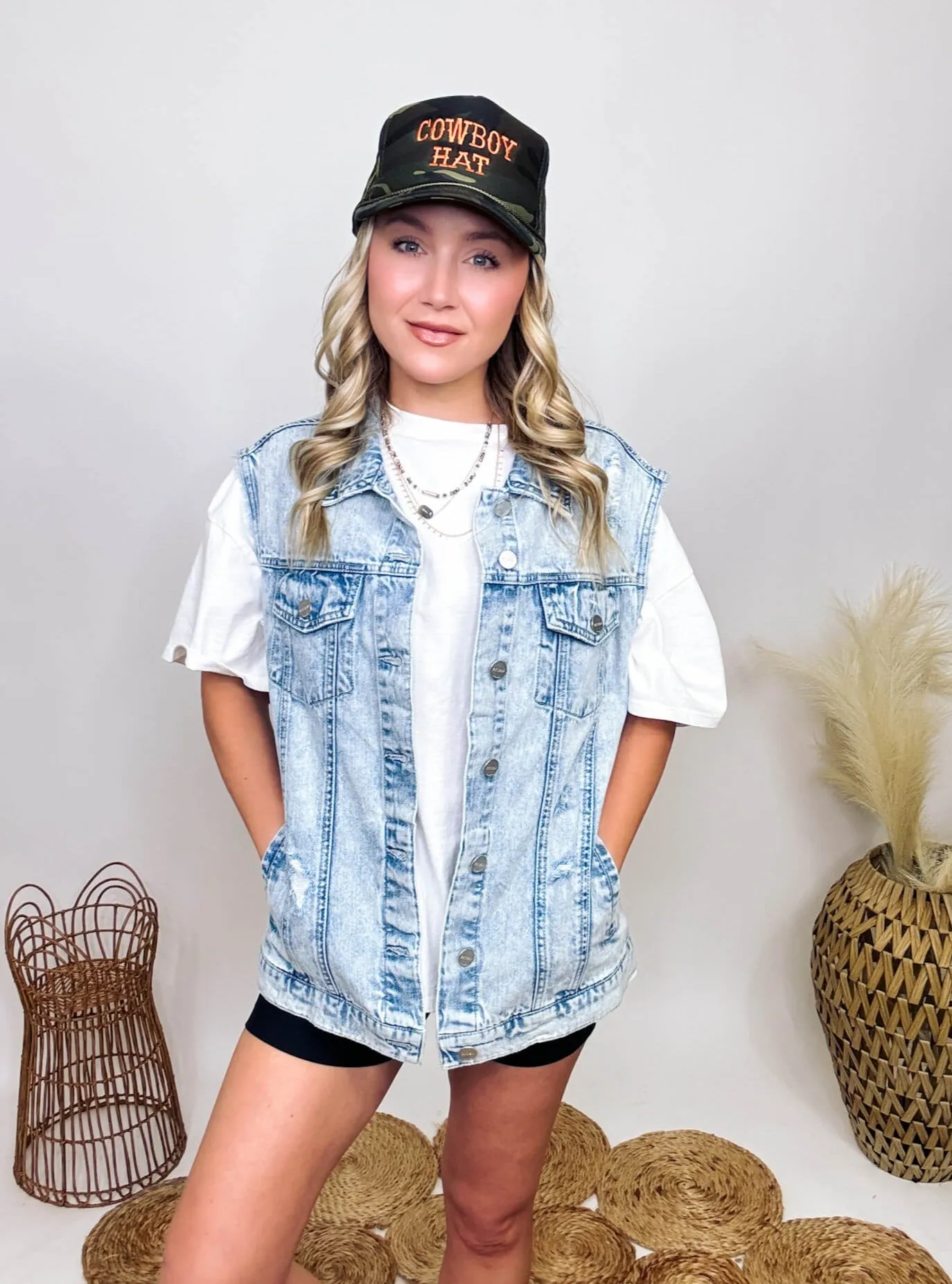 Oversized Acid Washed Distressed Denim Vest