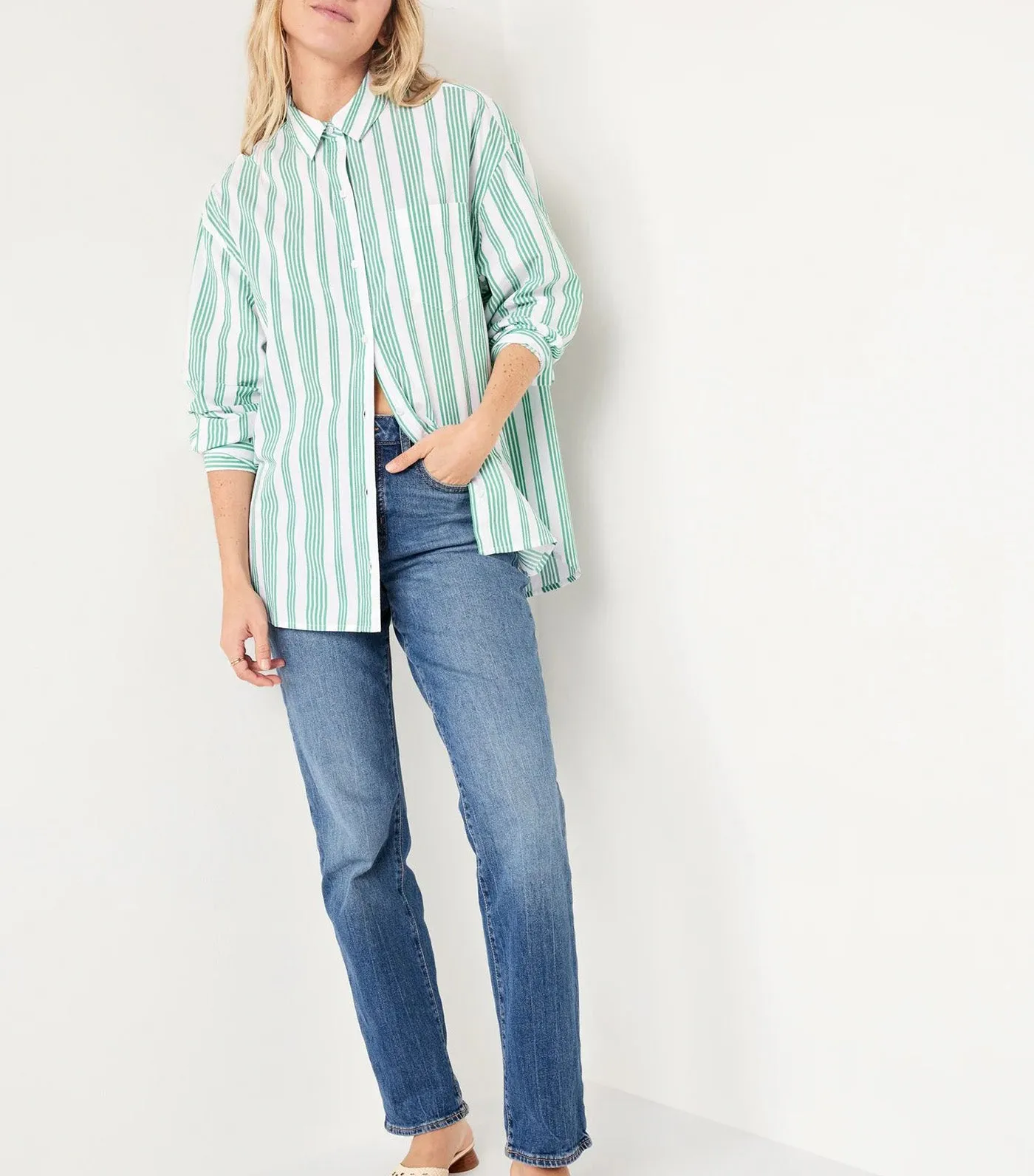 Oversized Poplin Boyfriend Shirt For Women Green Stripe