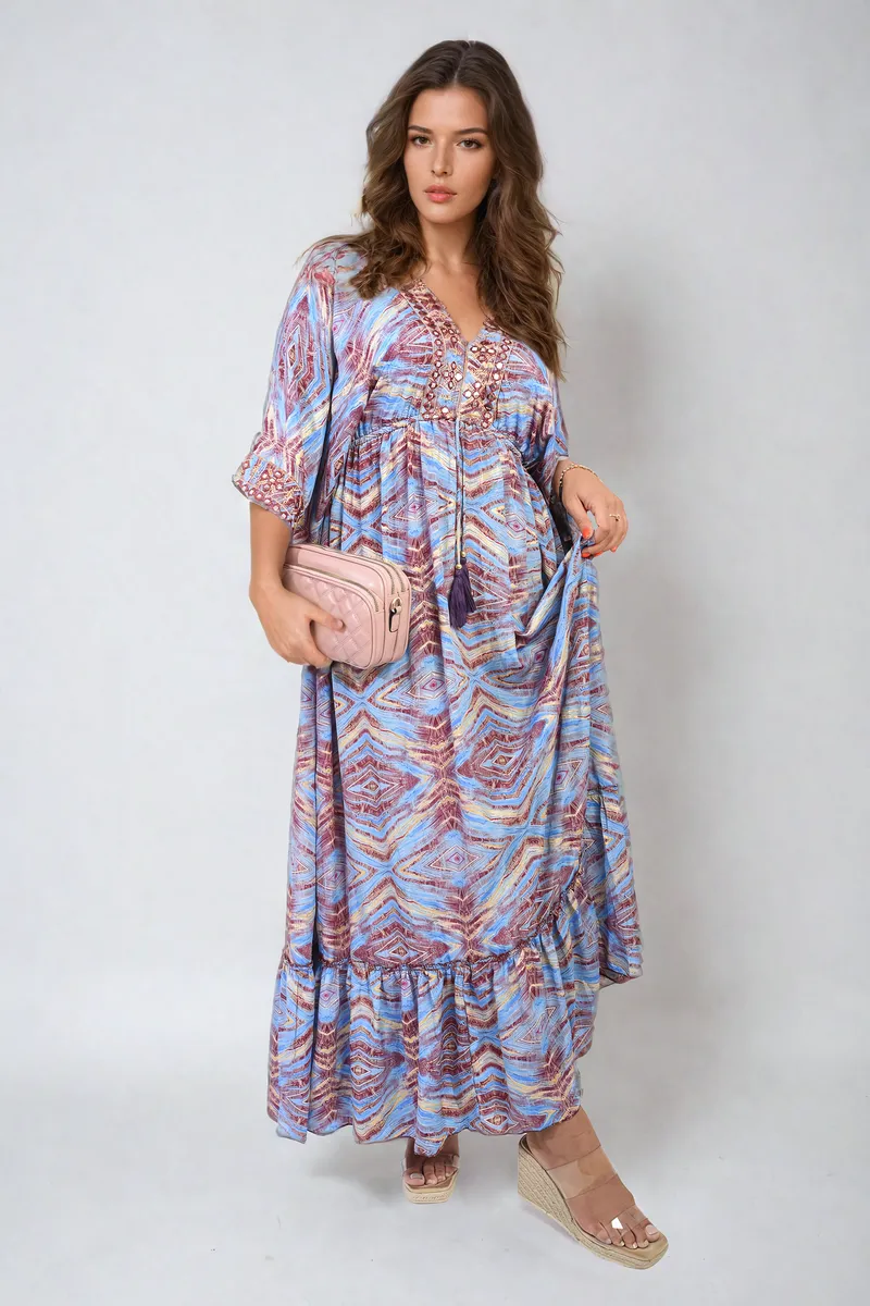 Printed Long V-Neck Ruffled Hem Maxi Dress with Front Tassel Detail