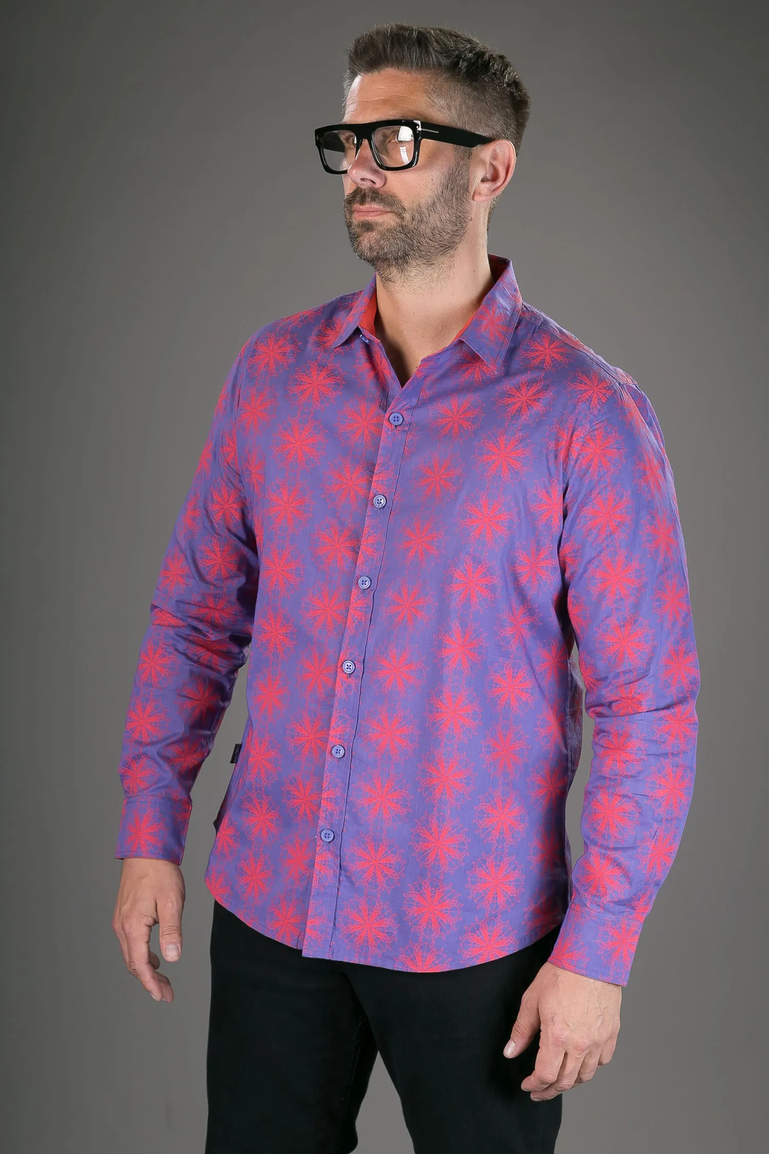 Purple Red Spiral Star Print Cotton Slim Fit Mens Shirt Long Sleeve