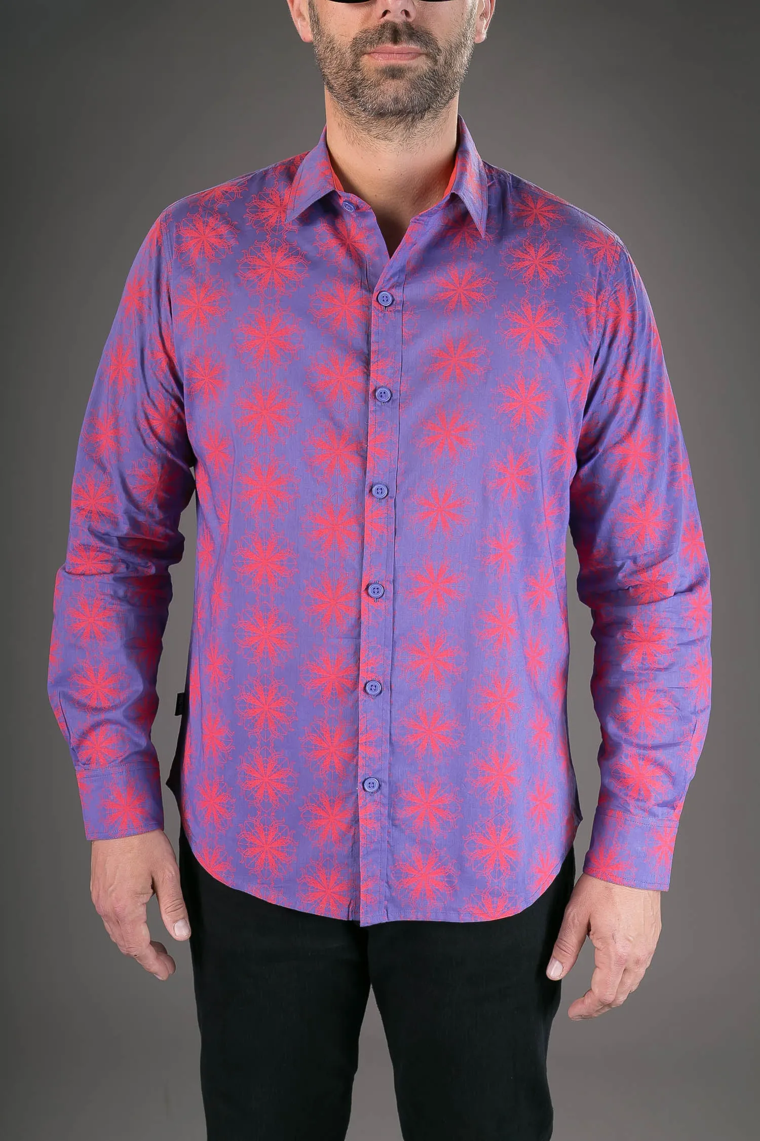 Purple Red Spiral Star Print Cotton Slim Fit Mens Shirt Long Sleeve