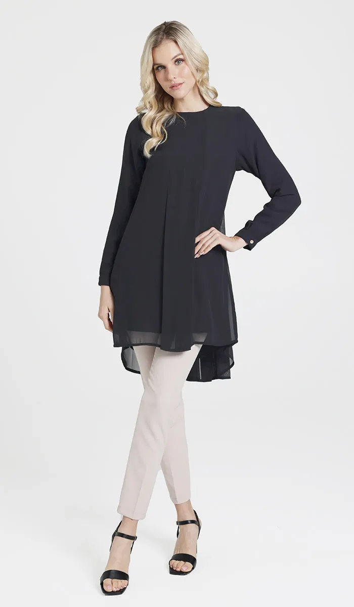 Reem Pleated Chiffon Long Tunic - Black