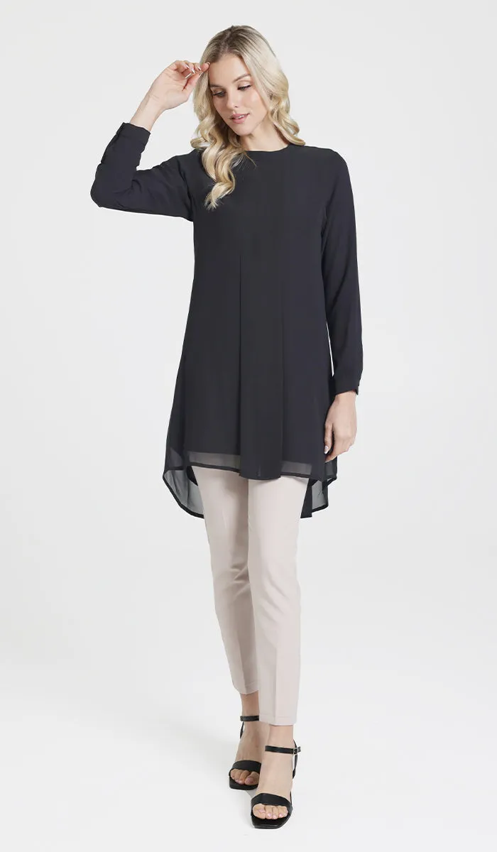 Reem Pleated Chiffon Long Tunic - Black