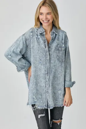 RISEN Distressed Raw Hem Denim Shirt