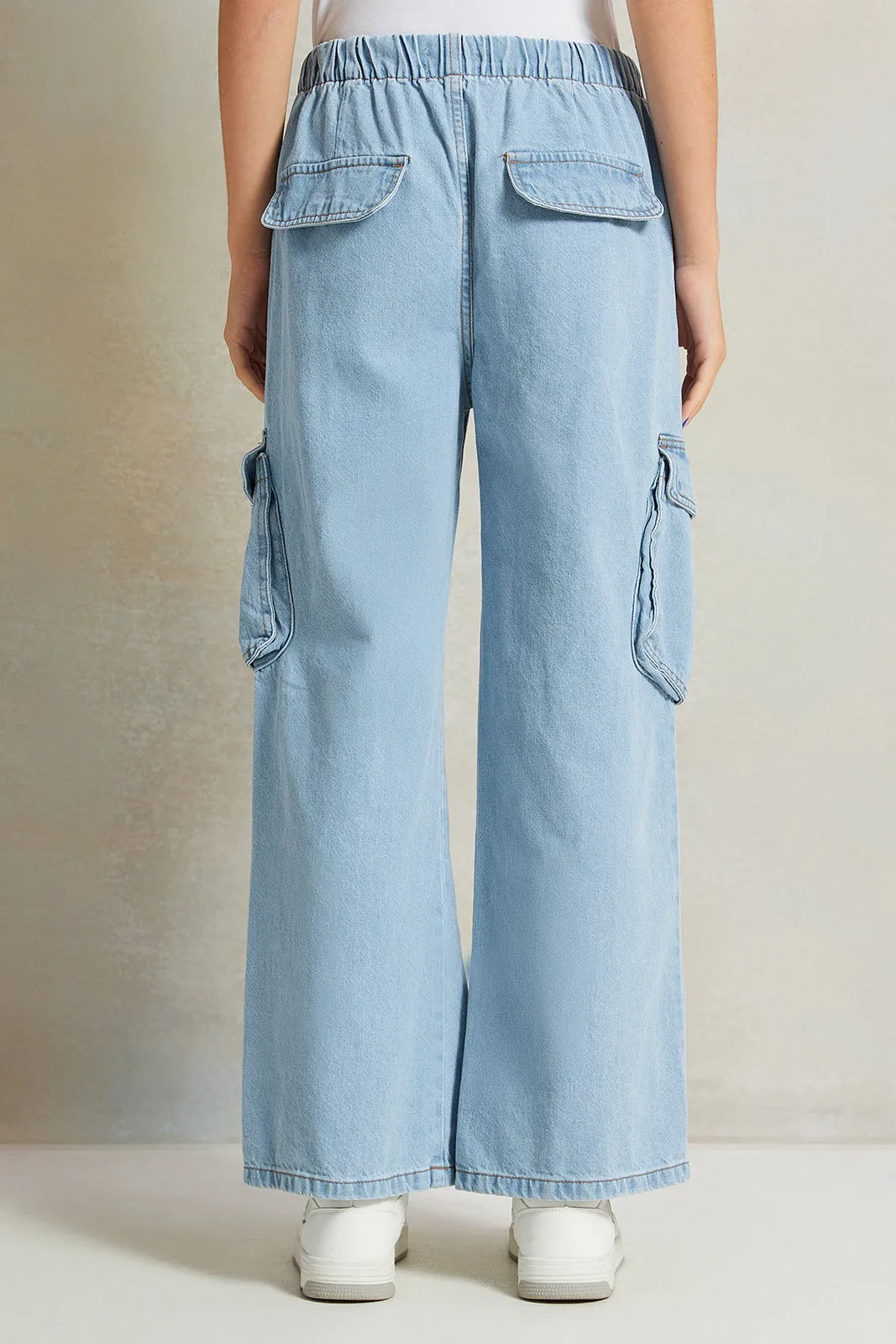 Senior Girls Blue Wide leg Cargo Pocket Jeans