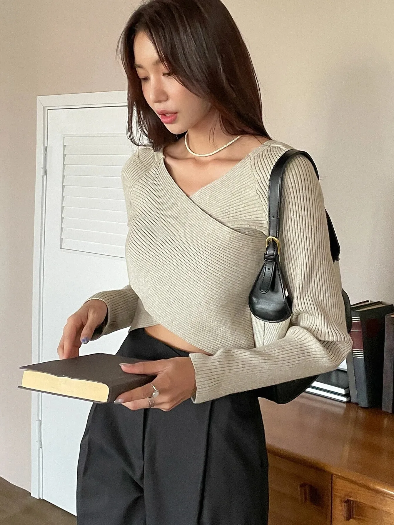 Shein DAZY Rib-knit Wrap Cross Raglan Sleeve Crop Sweater