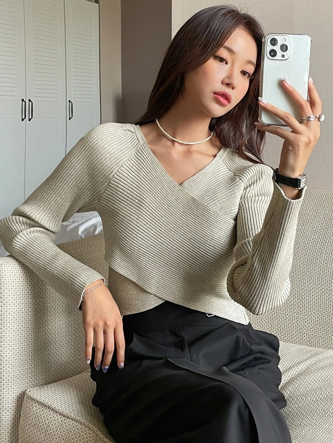 Shein DAZY Rib-knit Wrap Cross Raglan Sleeve Crop Sweater