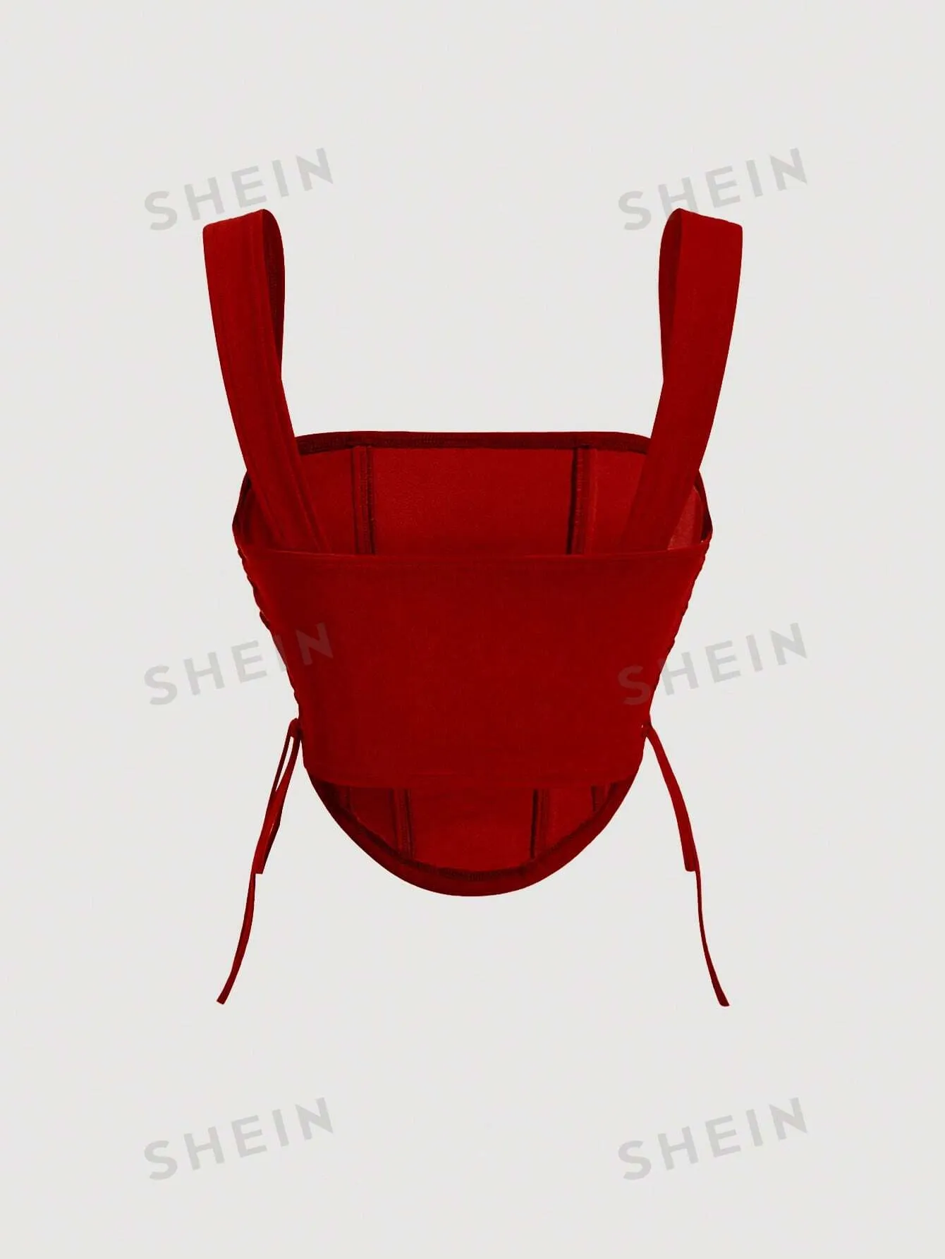 SHEIN MOD Lace Up Side Fish Bone Decoration Curved Hem Wide Straps Red Top