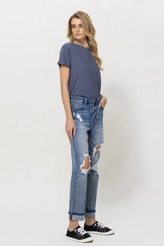 Stretch Mom Jeans w/ Spatter Detail and Cuff *Online Only*