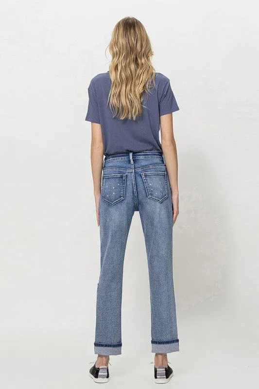 Stretch Mom Jeans w/ Spatter Detail and Cuff *Online Only*