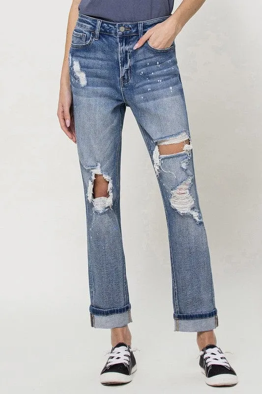 Stretch Mom Jeans w/ Spatter Detail and Cuff *Online Only*