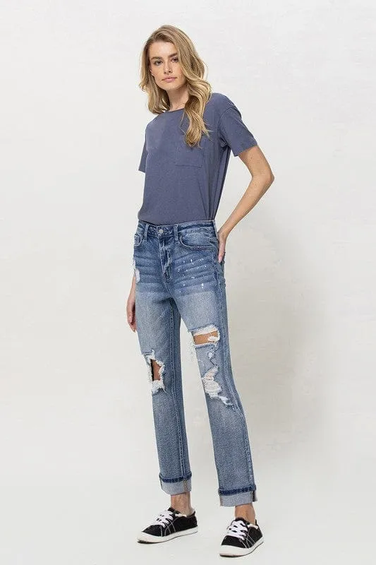 Stretch Mom Jeans w/ Spatter Detail and Cuff *Online Only*