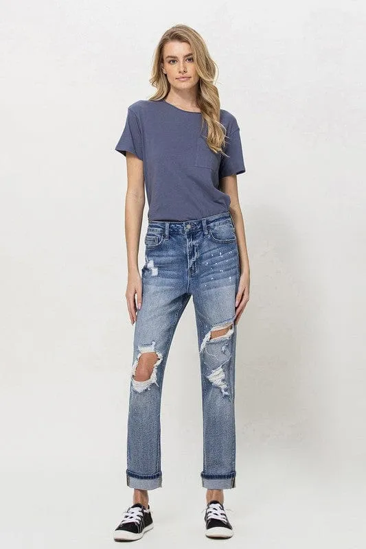 Stretch Mom Jeans w/ Spatter Detail and Cuff *Online Only*