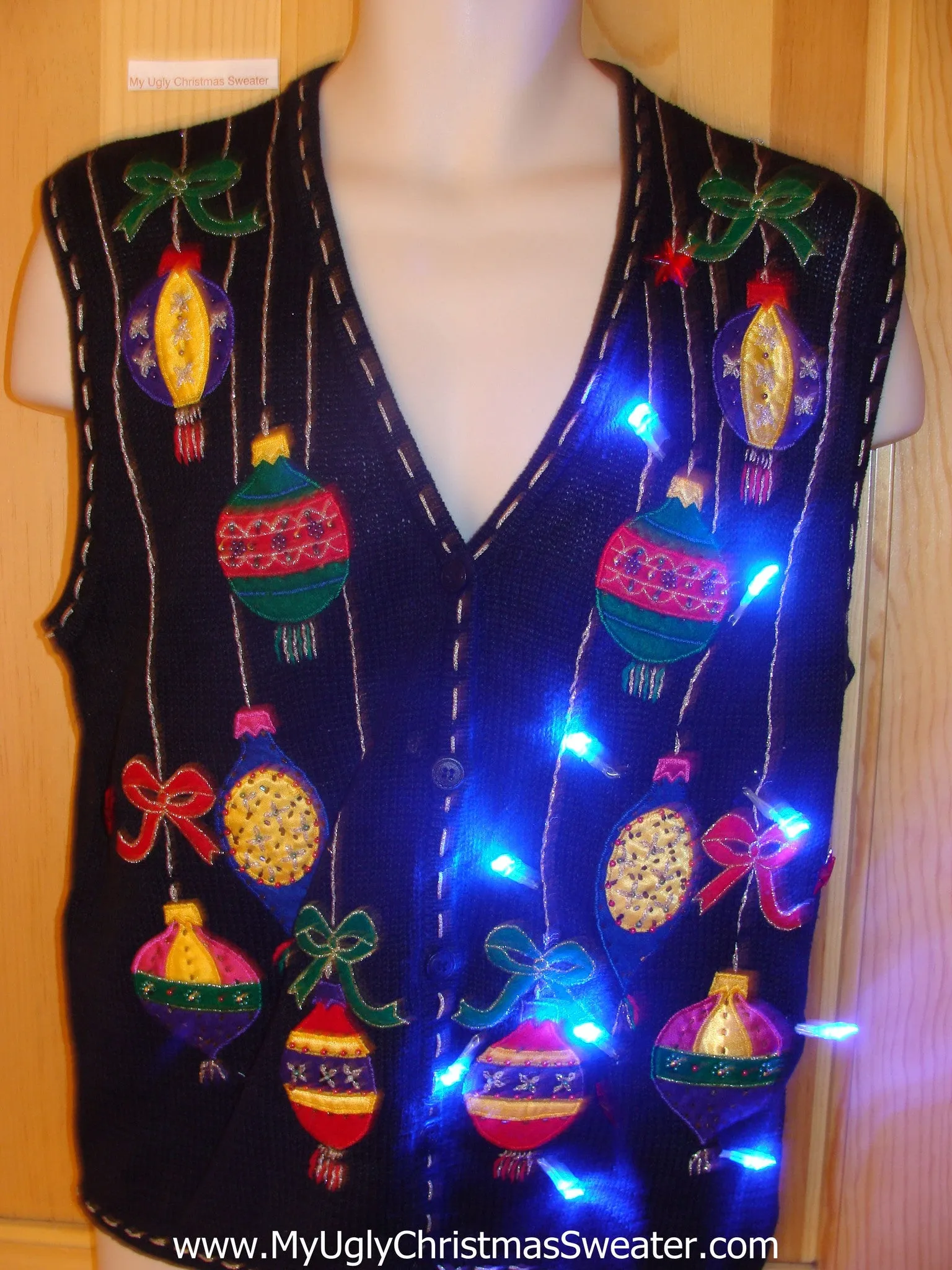 Tacky Light Up Christmas Sweater Vest with Ornaments on Front and Back